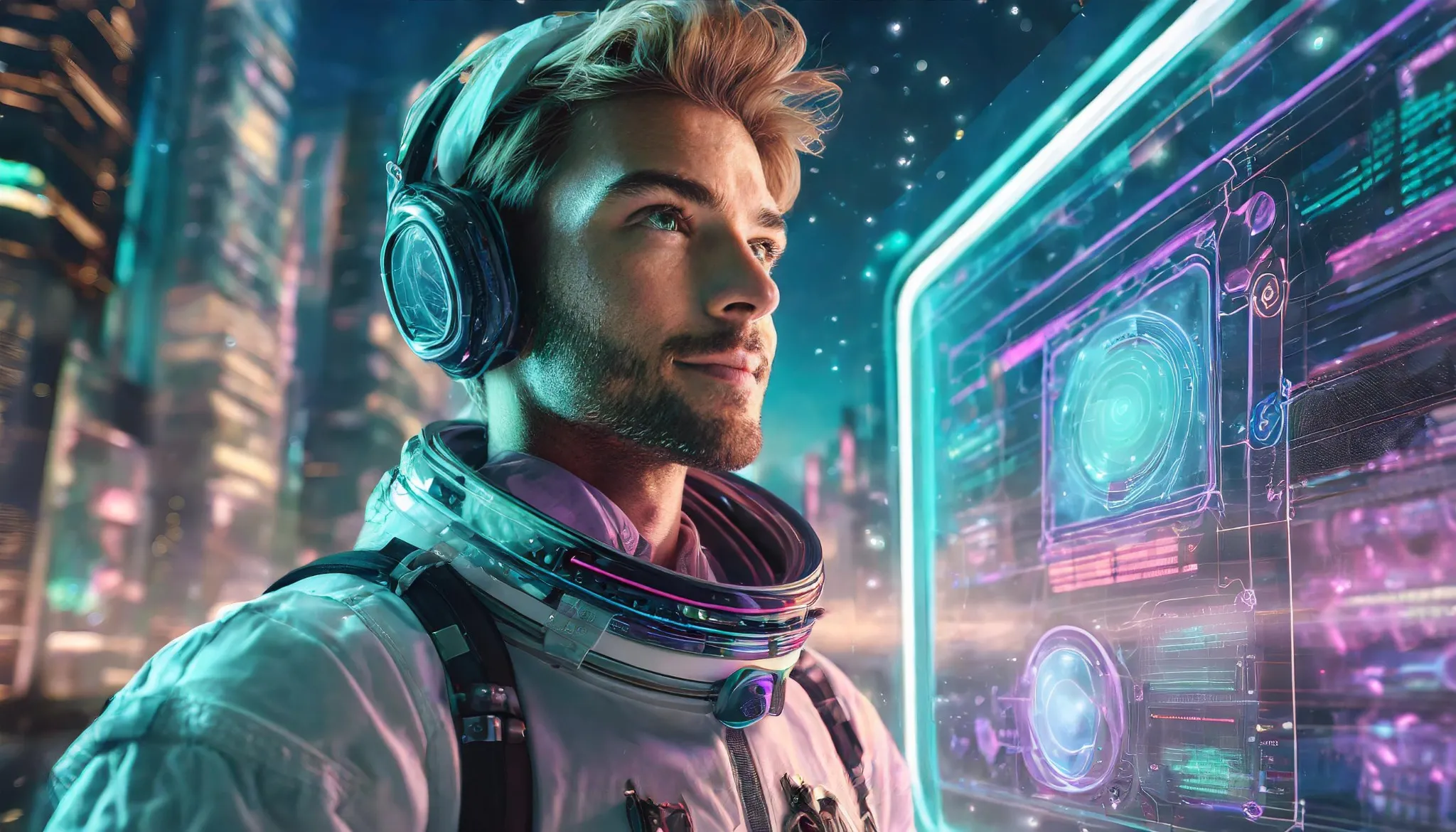 Astronaut using a holographic whiteboard to understand data in a cyberpunk style.